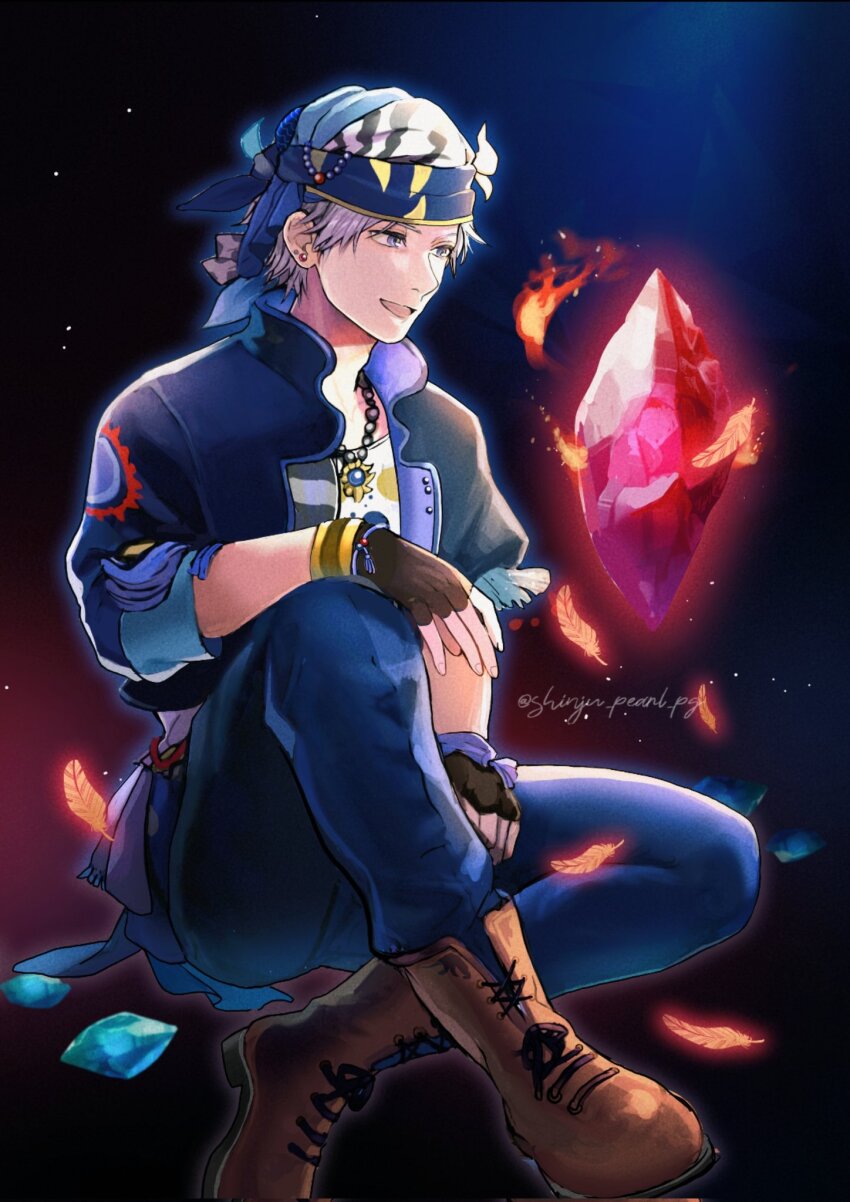1boy black_jacket blue_pants boots brown_boots crystal earrings final_fantasy final_fantasy_vi fingerless_gloves full_body gloves grey_hair headscarf highres jacket jewelry locke_cole male_focus necklace open_mouth pants parted_bangs pearl_shinju print_shirt shirt sitting sleeves_rolled_up smile solo twitter_username