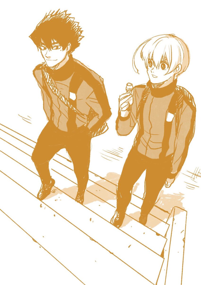 2boys backpack bag blue_lock full_body highres jacket karasu_tabito male_focus mizuhara_aki mole mole_under_eye monochrome multiple_boys pants stairs track_jacket yellow_theme you_hiori