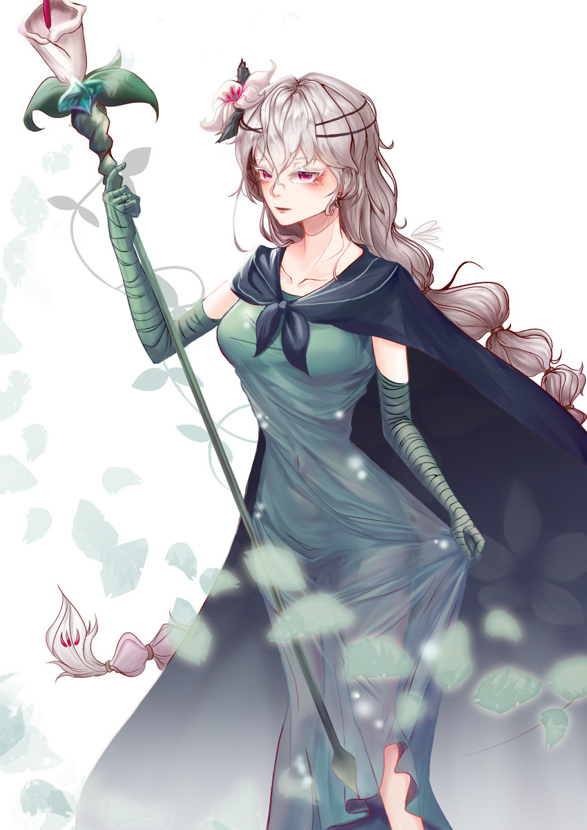 1girl absurdres braid cape closed_mouth cookie_run cookie_run:_kingdom dress flower gloves green_dress hair_flower hair_ornament highres holding humanization long_hair looking_at_viewer phoenix97 pink_eyes simple_background solo very_long_hair white_background white_flower white_hair white_lily white_lily_cookie
