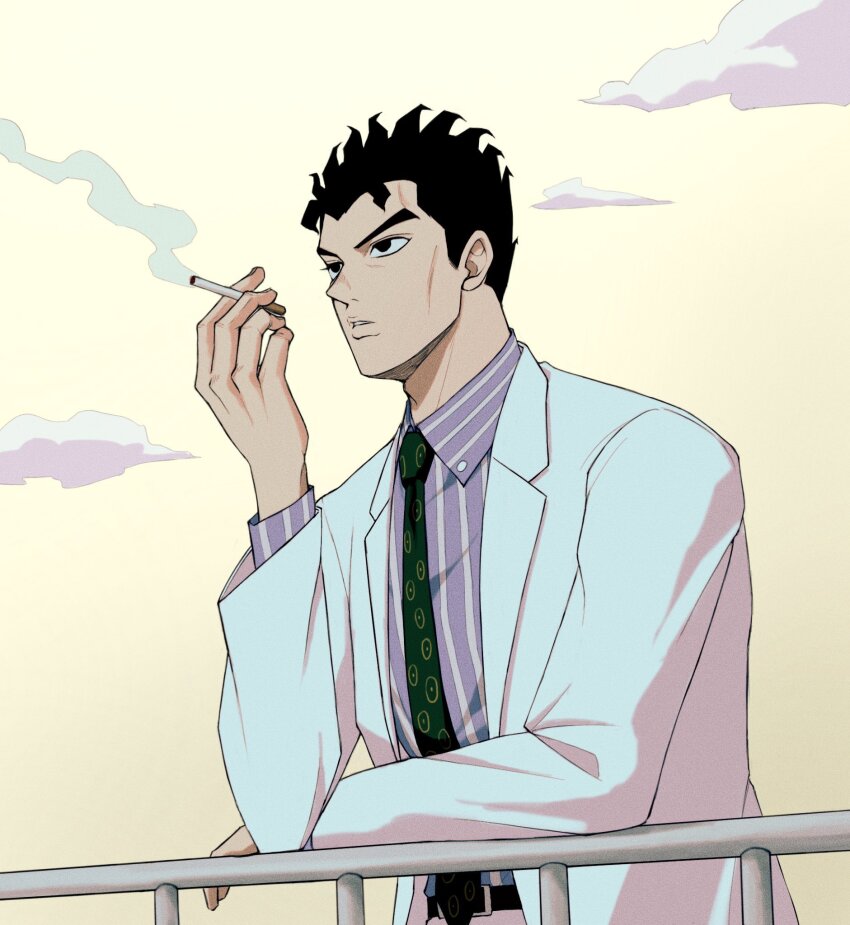 1boy against_railing black_eyes black_hair black_necktie cigarette cloud commentary_request diamond_wa_kudakenai formal_clothes highres holding holding_cigarette jacket jojo_no_kimyou_na_bouken kawajiri_kosaku kira_yoshikage male_focus necktie pants railing shirt smoking solo striped_clothes striped_shirt suit takumi1230g white_jacket white_pants white_suit