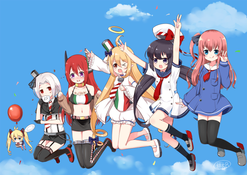 &gt;_o 6+girls :p andrea_doria_(warship_girls_r) antonio_da_noli_(zhan_jian_shao_nyu) arms_up aviere_(warship_girls_r) balloon black_hair blush camicia_nera_(warship_girls_r) day fang graphite_(medium) hair_ribbon halo hat highres linda_b long_hair multiple_girls one_eye_closed open_mouth red_hair ribbon school_uniform sky thighhighs tongue tongue_out traditional_media twintails v vittorio_veneto_(warship_girls_r) warship_girls_r aged_down