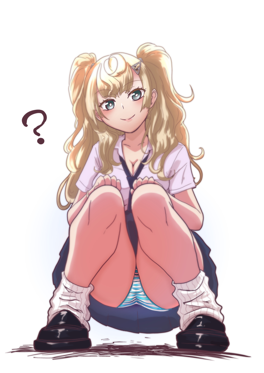 1girl ass blonde_hair blue_skirt breasts grey_eyes hair_between_eyes hair_ornament hairclip highres kantai_collection large_breasts loafers long_hair looking_at_viewer loose_socks miniskirt minneapolis_(kancolle) panties pleated_skirt shirt shoes short_sleeves skirt smile socks solo squatting striped_clothes striped_panties tsun&#039;ichi_(tsun1) two_side_up underwear wavy_hair white_shirt white_socks