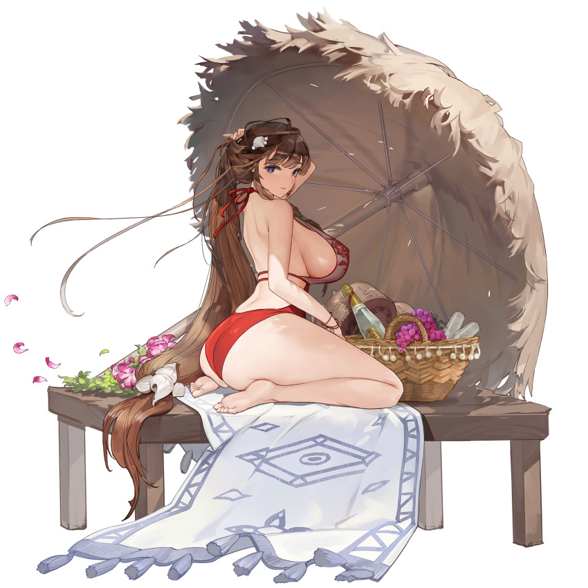 1girl ass bare_legs barefoot basket beach_umbrella blue_eyes bottle breasts brown_hair carpet champagne_bottle covered_erect_nipples cup daphne_(last_origin) drinking_glass floral_print flower food from_side fruit full_body game_cg grapes hair_ornament highres huge_breasts large_breasts last_origin leaf long_hair looking_at_viewer looking_back low-tied_long_hair median_furrow official_alternate_costume official_art on_table one-piece_swimsuit pearl_hair_ornament petals purple_flower red_one-piece_swimsuit rorobomb seashell seiza shadow shell shell_hair_ornament shiny_skin shoulder_blades sideboob sitting skindentation smile solo swimsuit table tachi-e thick_thighs thighs transparent_background umbrella very_long_hair white_one-piece_swimsuit wristband