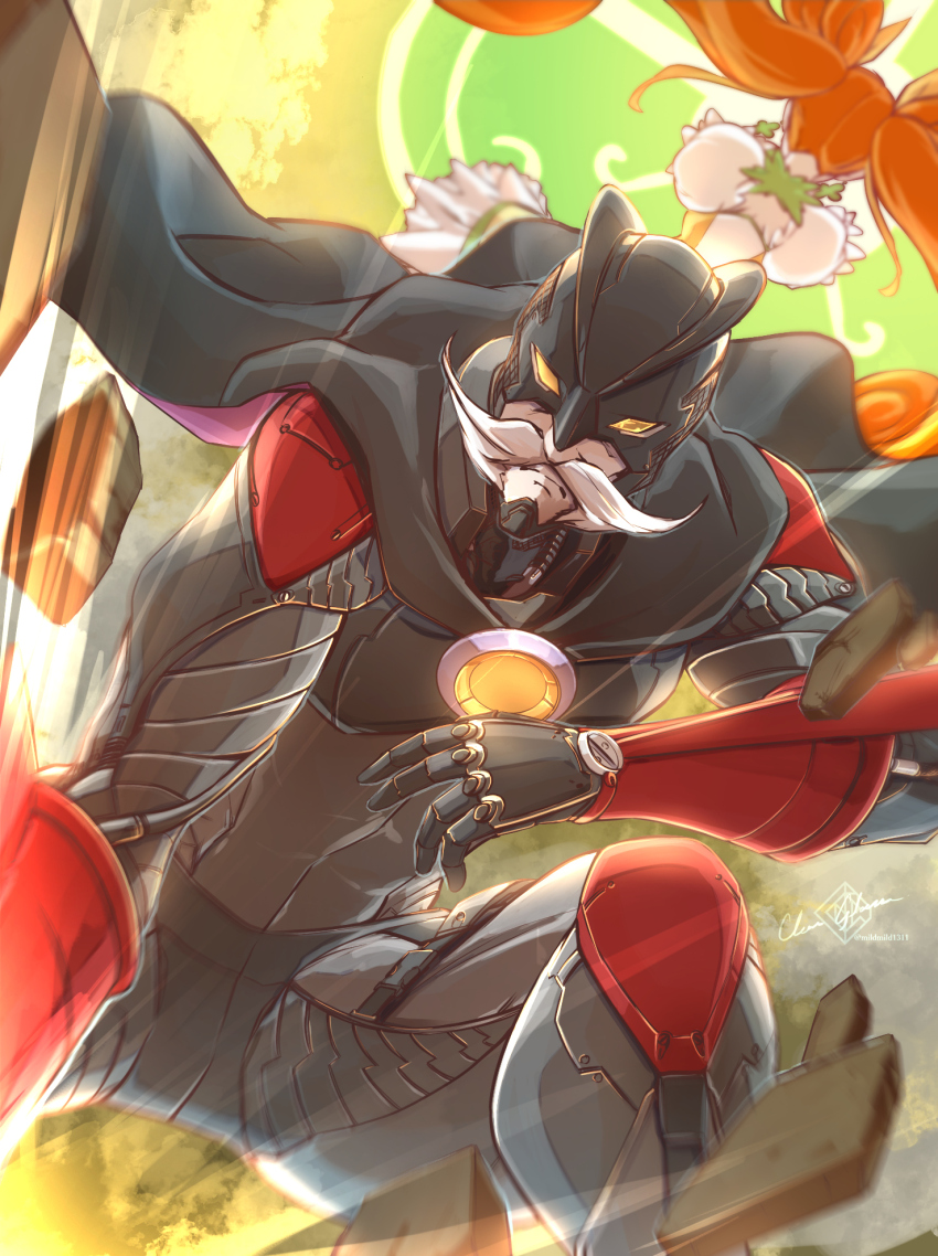 1boy 1girl artist_name clear_glass_(mildmild1311) commentary_request cure_rosetta dokidoki!_precure dress earrings facial_hair highres jewelry long_hair looking_at_viewer magical_girl mustache orange_hair precure puffy_short_sleeves puffy_sleeves sebastian_(dokidoki!_precure) serious short_sleeves signature twintails twitter_username white_hair yotsuba_alice