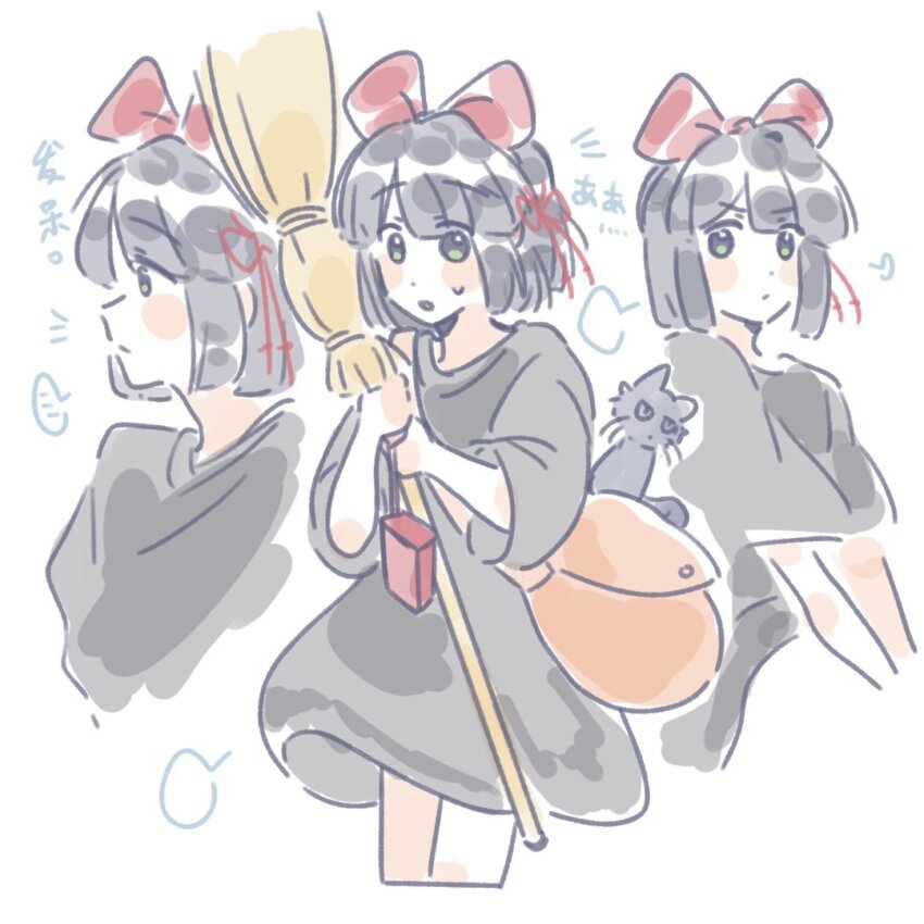 ... 1girl :/ bag black_cat black_dress black_hair blunt_bangs blunt_ends bow broom cat closed_mouth commentary cosplay cropped_legs dress flower_knot green_eyes hair_bow hashtag-only_commentary holding holding_broom kiki_(majo_no_takkyuubin) kiki_(majo_no_takkyuubin)_(cosplay) link!_like!_love_live! looking_at_viewer love_live! majo_no_takkyuubin momose_ginko multiple_views notice_lines red_bow short_dress short_hair shoulder_bag simple_background three-quarter_sleeves spoken_ellipsis virtual_youtuber white_background woodonly