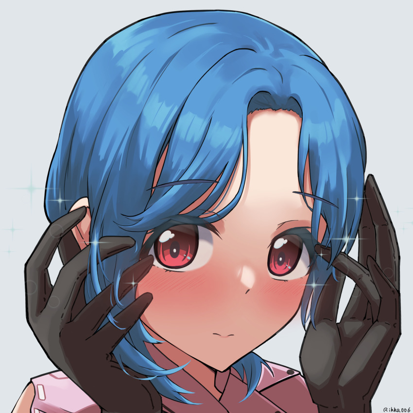1girl black_gloves blue_hair blush collared_shirt commentary_request curtained_hair embarrassed gloves hand_up highres looking_at_viewer love_live! love_live!_superstar!! ookuma_wakana pink_shirt portrait red_eyes rikka006 shirt short_hair solo voice_actor_connection wakana_shiki