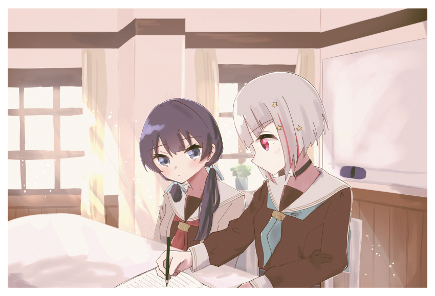 2girls absurdres aqua_neckerchief black_choker blue_eyes blue_hair blue_ribbon bob_cut border brown_cardigan brown_dress cardigan chair choker clubroom colored_inner_hair commentary diagonal_bangs dollchestra dress grey_hair hair_ornament hair_ribbon hasu_no_sora_school_uniform highres in-universe_location indoors inverted_bob light_particles link!_like!_love_live! long_hair long_sleeves love_live! low_twintails magu_(cv_mgmgcup) mole mole_on_neck multicolored_hair multiple_girls murano_sayaka neckerchief o-ring o-ring_choker on_chair open_cardigan open_clothes red_eyes red_hair red_neckerchief ribbon sailor_collar sailor_dress school_uniform short_hair sitting star_(symbol) star_hair_ornament streaked_hair table twintails upper_body virtual_youtuber white_border white_sailor_collar winter_uniform writing yugiri_tsuzuri