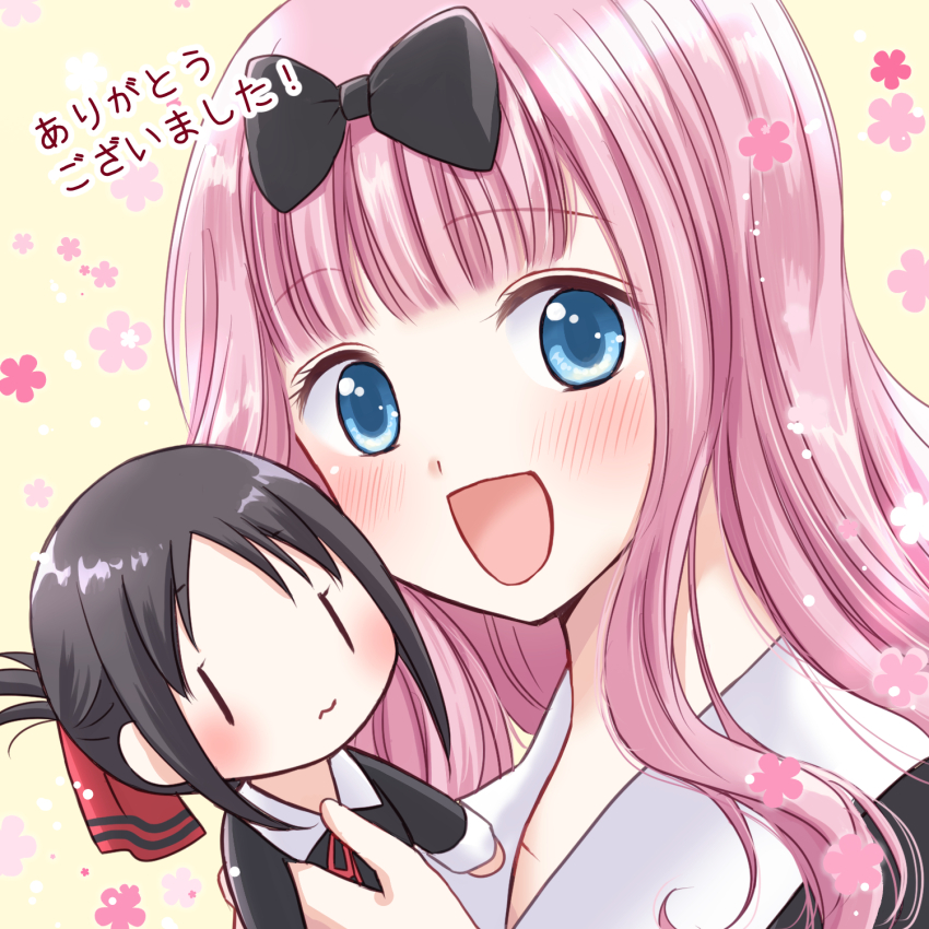 2girls black_bow black_dress black_hair blue_eyes blunt_bangs blush bow chibi closed_mouth commentary_request dress floral_background fujiwara_chika hair_bow hair_ribbon highres holding holding_mini_person kaguya-sama_wa_kokurasetai_~tensai-tachi_no_renai_zunousen~ long_hair looking_at_viewer maekawa_suu mini_person minigirl multiple_girls open_mouth pink_hair portrait red_ribbon ribbon school_uniform shinomiya_kaguya shuuchiin_academy_school_uniform sidelocks smile translated wavy_mouth winter_uniform yellow_background |_|