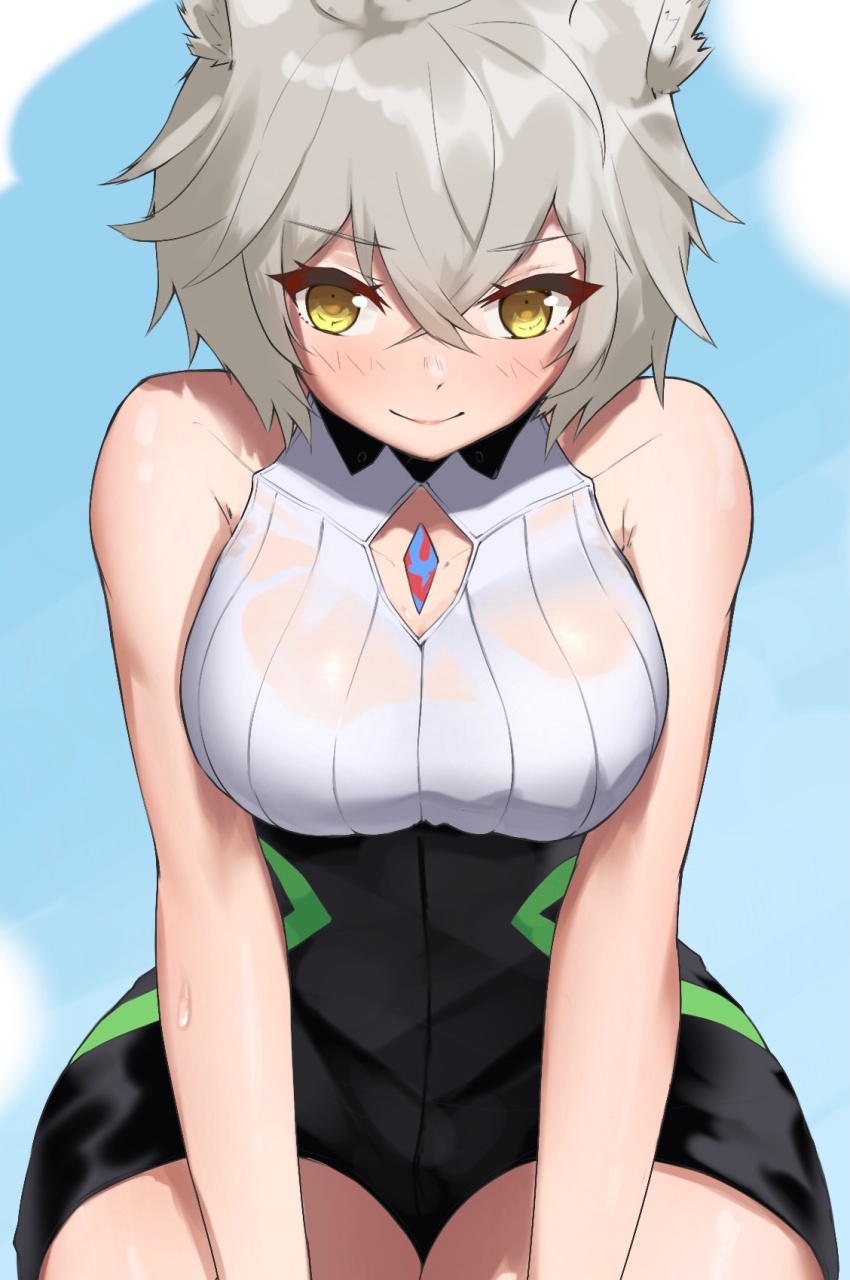 1girl animal_ears blush breasts cat_ears cat_girl chest_jewel clothing_cutout core_crystal_(xenoblade) crystal diamond_cutout fingerless_gloves gloves high-waist_shorts highres large_breasts looking_at_viewer messy_hair monoi_daru na&#039;el_(xenoblade) nintendo romper see-through_clothes short_hair short_shorts shorts simple_background solo sweat thick_thighs thighs wide_hips xenoblade_chronicles_(series) xenoblade_chronicles_3 xenoblade_chronicles_3:_future_redeemed yellow_eyes