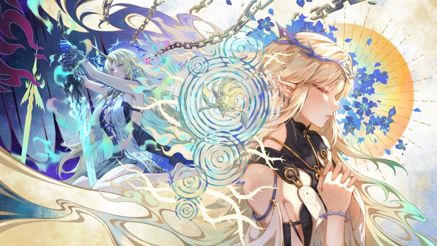 2girls absurdres bare_shoulders barefoot black_collar black_dress blonde_hair blue_eyes breasts cartethyia_(wuthering_waves) chinese_commentary closed_eyes closed_mouth collar commentary_request crown_of_thorns dress earrings fleurdelys_(wuthering_waves) highres holding holding_sword holding_weapon horns jewelry large_breasts long_hair multiple_girls own_hands_clasped own_hands_together pointy_ears sagi_(sagi_0116) single_horn sitting sword tabard very_long_hair wariza weapon white_tabard wuthering_waves yellow_horns