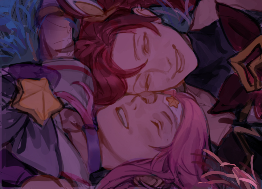 2girls brooch choker closed_eyes commentary english_commentary highres jewelry jinx_(league_of_legends) league_of_legends long_hair lux_(league_of_legends) multiple_girls open_mouth pink_hair purple_choker red_hair star_brooch star_guardian_(league_of_legends) star_guardian_jinx star_guardian_lux suqling yuri