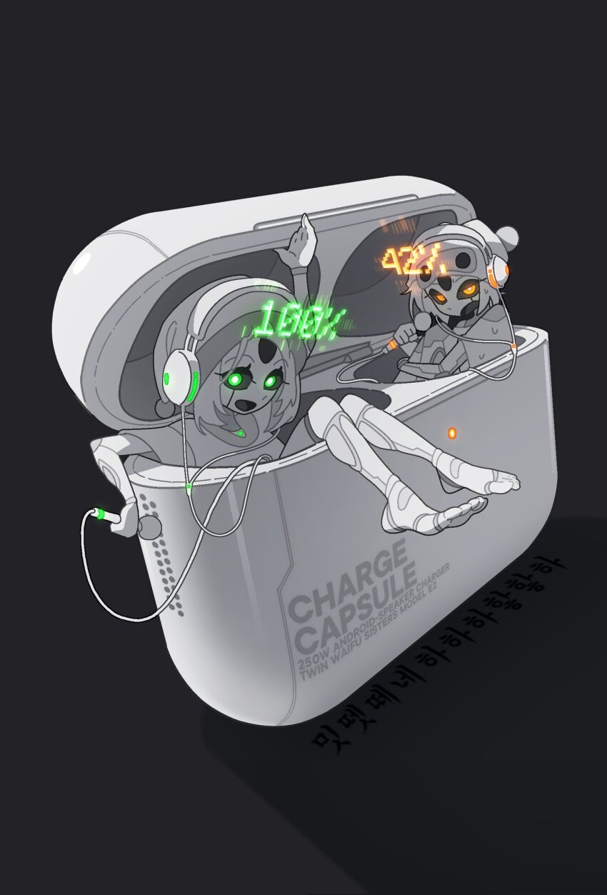 2girls bodysuit charger closed_mouth english_text glowing glowing_eyes green_eyes grey_background headphones highres invisible_floor korean_text looking_at_viewer microphone multiple_girls open_mouth orange_eyes original personification saku_ram shadow simple_background white_bodysuit wireless_earphones