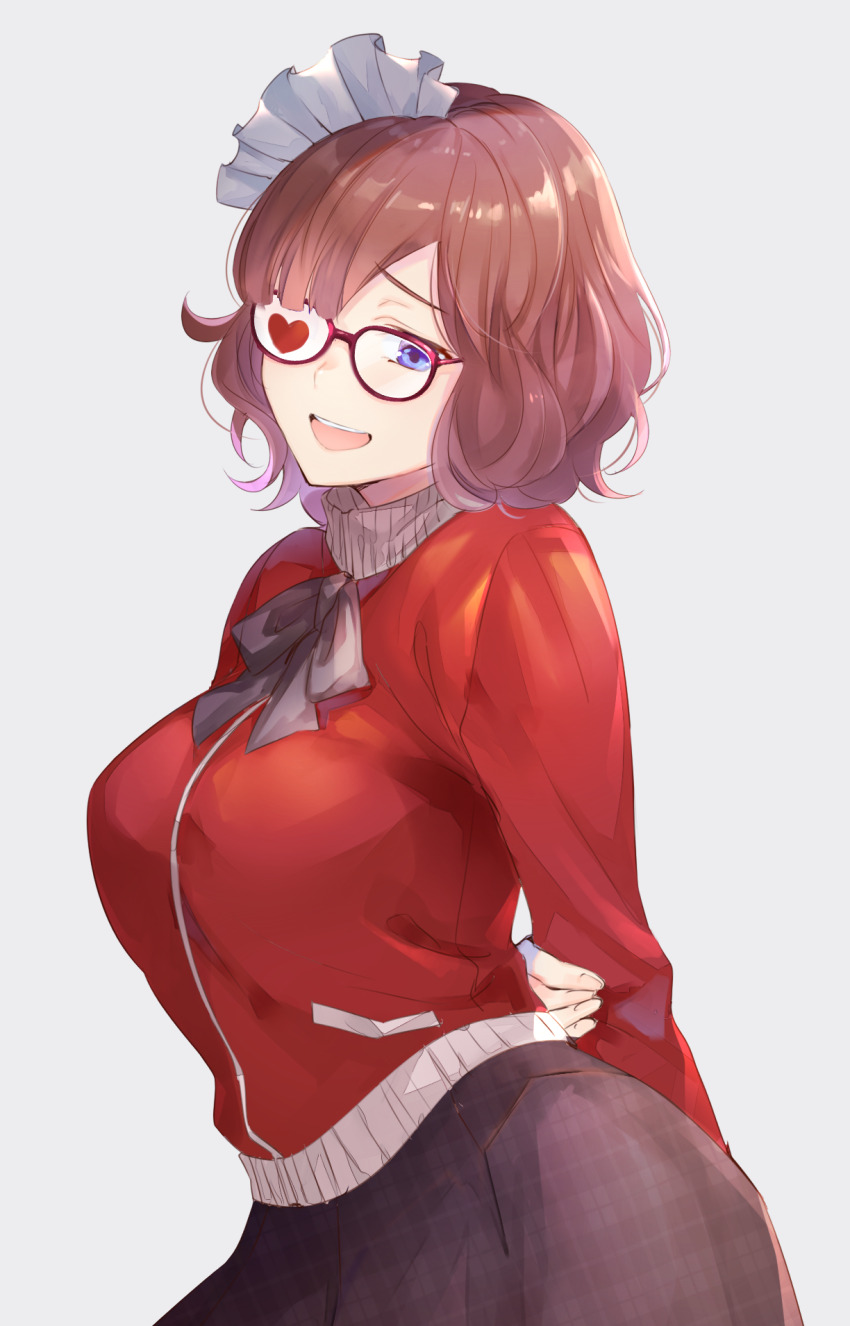 1girl arm_behind_back blue_eyes bow bowtie breasts brown_hair e_(eokiba) grey_background grey_bow grey_bowtie grey_skirt heart highres holding_own_arm jacket large_breasts maid_headdress medium_breasts medium_hair open_mouth original plaid_clothes plaid_skirt red-framed_eyewear red_jacket skirt solo sweater teeth turtleneck turtleneck_sweater upper_teeth_only