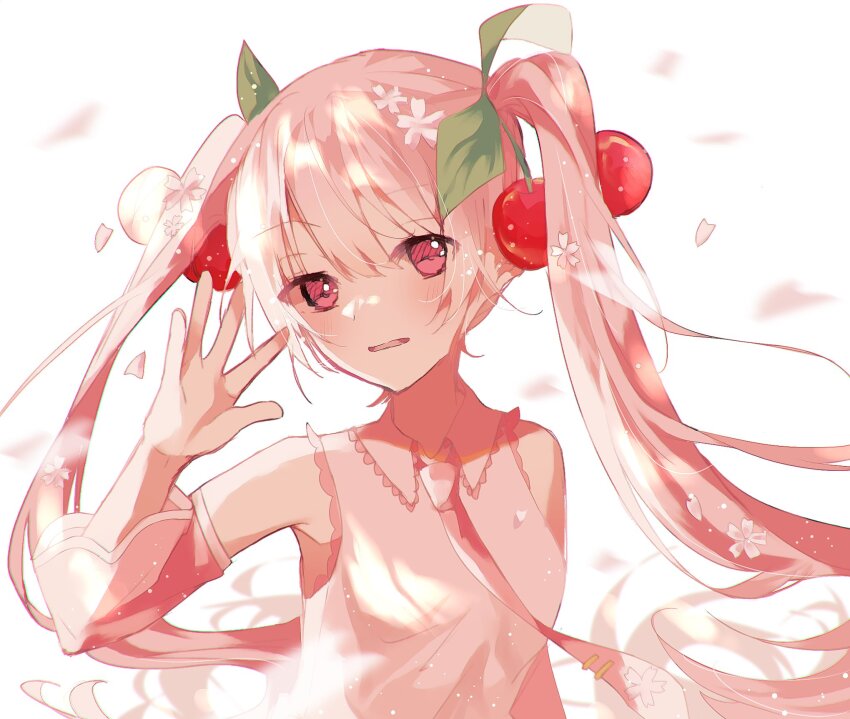 1girl anemonelove bare_shoulders blush cherry_blossoms cherry_hair_ornament collared_shirt commentary detached_sleeves dress falling_petals floating_hair food-themed_hair_ornament hair_ornament hatsune_miku highres long_hair looking_at_viewer miku_day necktie open_mouth petals pink_eyes pink_hair pink_necktie pink_theme sakura_miku shirt simple_background sleeveless sleeveless_dress solo twintails upper_body very_long_hair vocaloid waving white_background wide_sleeves
