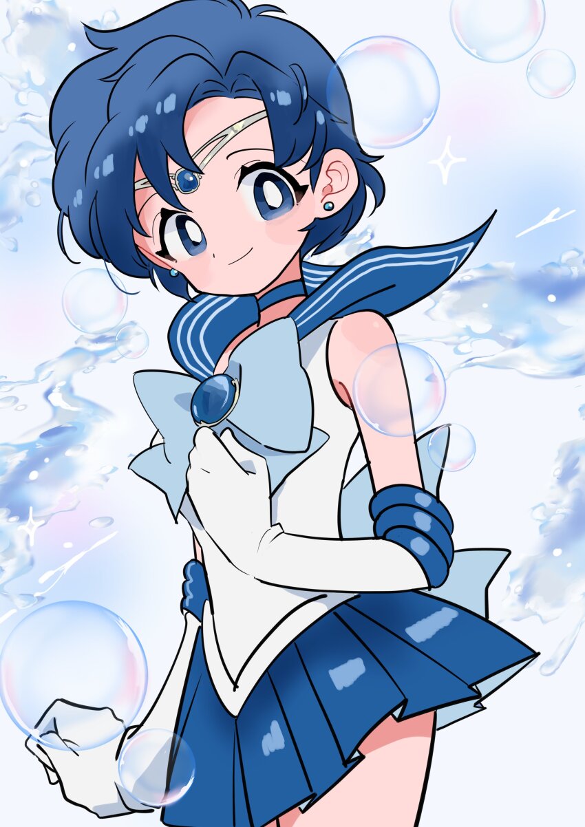 1girl absurdres back_bow bishoujo_senshi_sailor_moon blue_choker blue_eyes blue_gemstone blue_hair blue_sailor_collar blue_skirt blush bow brooch bubble choker circlet earrings elbow_gloves gem gloves highres hydrokinesis jewelry kodama_(marugoto_omikan) looking_at_viewer mizuno_ami sailor_collar sailor_mercury sailor_senshi_uniform short_hair skirt smile solo stud_earrings thighs water white_gloves