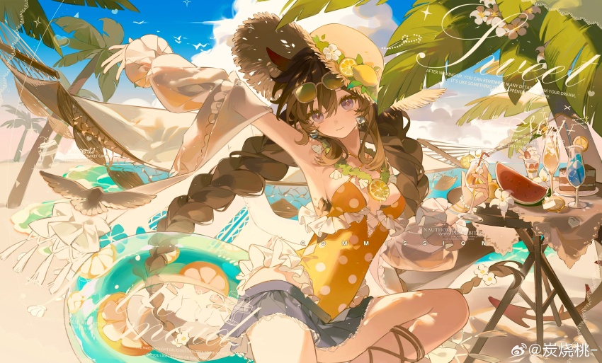 1girl absurdres animal_ears beach braid brown_hair eyewear_on_head food fruit hat highres jewelry lamblab0824 long_hair looking_at_viewer multiple_girls official_alternate_costume one-piece_swimsuit original outdoors palm_tree purple_eyes shorts smile straw_hat sunglasses swimsuit tree twin_braids watermelon