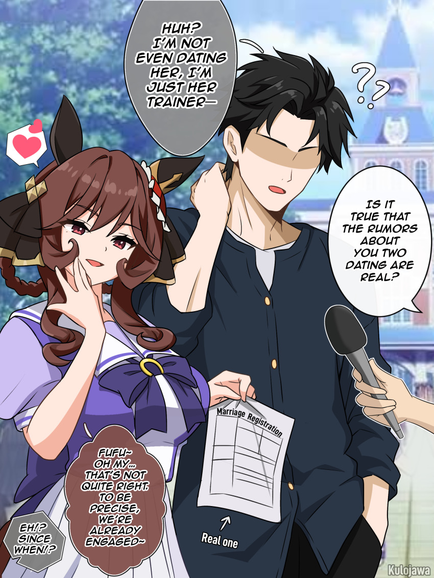 1boy 1girl absurdres animal_ears braid braided_hair_rings brown_hair commentary ear_covers ear_ornament english_text faceless faceless_male gentildonna_(umamusume) hair_rings heart highres holding holding_microphone holding_paper horse_ears horse_girl horse_tail kulojawa marriage_certificate_(object) microphone no_eyes paper purple_serafuku school_uniform serafuku single_ear_cover spoken_heart tail tracen_school_uniform trainer_(umamusume) umamusume