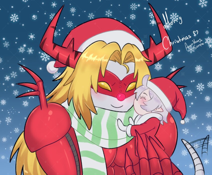 1boy 1girl blonde_hair blush christmas digimon digimon_(creature) highres long_hair mask original smiel smile tail venomvamdemon