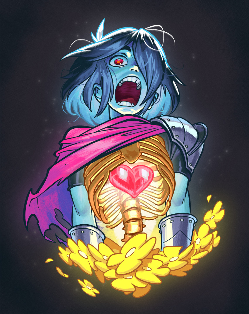 1other absurdres angusburgers armor cape deltarune exposed_heart flower gauntlets hair_over_one_eye heart highres kris_(dark_world)_(deltarune) kris_(deltarune) open_mouth red_cape red_eyes ribs shoulder_armor solo spine teeth torn_cape torn_clothes upper_body yellow_flower