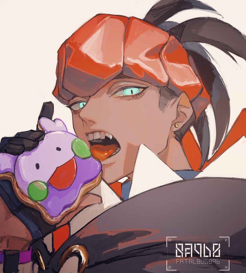1boy aqua_eyes arm_up artist_name black_gloves black_hair black_hoodie character_cookie commentary_request cookie dark-skinned_male dark_skin ear_piercing earrings fang fatalbug896 food gen_6_pokemon gloves goomy headband highres holding holding_cookie holding_food hood hood_down hoodie jewelry looking_at_viewer male_focus nintendo orange_headband partially_fingerless_gloves piercing pokemon pokemon_swsh raihan_(pokemon) simple_background slit_pupils solo spiked_hair stud_earrings teeth tongue tongue_out upper_body white_background
