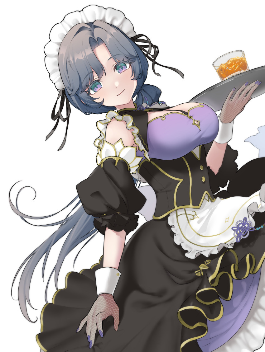 1girl absurdres alcohol apron arm_up black_corset black_dress black_ribbon bra breasts chinese_clothes cleavage cleavage_cutout clothing_cutout corset cup detached_sleeves dress drinking_glass ena1215 fishnet_gloves fishnets framed_breasts frills gloves gradient_eyes grey_hair hair_intakes highres holding holding_tray kisara_(maid)_(nijisanji) kisara_(nijisanji) large_breasts long_hair maid maid_headdress multicolored_eyes nape_braid nijisanji parted_bangs purple_bra qi_maid ribbon sake smile tray underwear virtual_youtuber waitress wrist_cuffs
