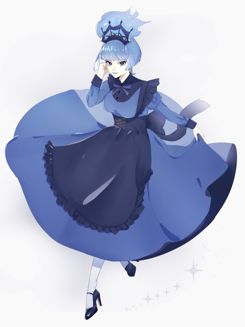 1girl absurdres animification black_gloves blue_fire blue_hair blue_lips closed_mouth disney disneyland fiery_hair fire formal_clothes gloves hades_(disney) hercules_(1997_film) highres lipstick long_sleeves looking_at_viewer makeup ms._hades rl10_02 short_hair simple_background solo