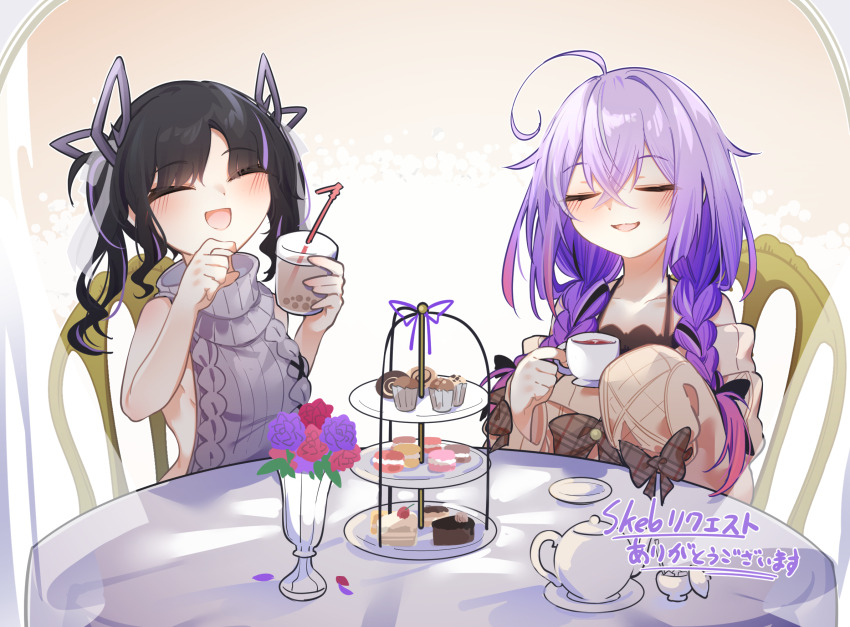 2girls ahoge black_hair blush bouquet breasts brown_sweater bubble_tea cable_knit cake cake_slice cherry closed_eyes commentary crossed_bangs cup cupcake demon_girl demon_horns disposable_cup flower food fruit grey_sweater hair_between_eyes hatuho_1223 highres holding holding_cup horns kojo_anna kojo_anna_(3rd_costume) long_bangs long_hair macaron medium_breasts meme_attire multiple_girls nanashi_inc. official_alternate_costume open_mouth pink_flower pink_rose purple_flower purple_hair purple_rose red_flower red_rose rose sauce shisui_kiki sketch smile sweater tea tea_party teacup teapot tiered_tray translated turtleneck turtleneck_sweater twintails upper_body very_long_hair virgin_killer_sweater virtual_youtuber yule_log_(cake)