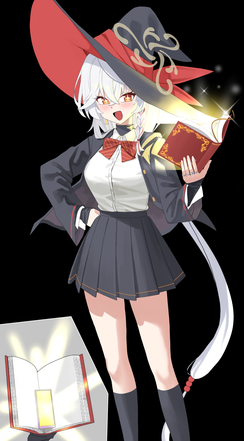 absurdres ankle_socks blue_archive book bow bowtie braid chitteok earrings eri_(blue_archive) flashlight halo hat highres holding holding_book jacket jewelry long_coat long_hair orange_eyes shirt skirt sleeves_past_wrists socks sparkling_eyes sweater white_hair wing witch_hat
