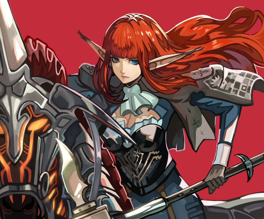 1girl :| armor ascot blue_eyes breastplate breasts cleavage closed_mouth determined floating_hair highres holding holding_polearm holding_weapon horseback_riding hulkenberg_(metaphor:_refantazio) long_hair looking_at_viewer metaphor:_refantazio pointy_ears polearm red_background red_hair riding solo vincentsu weapon white_ascot