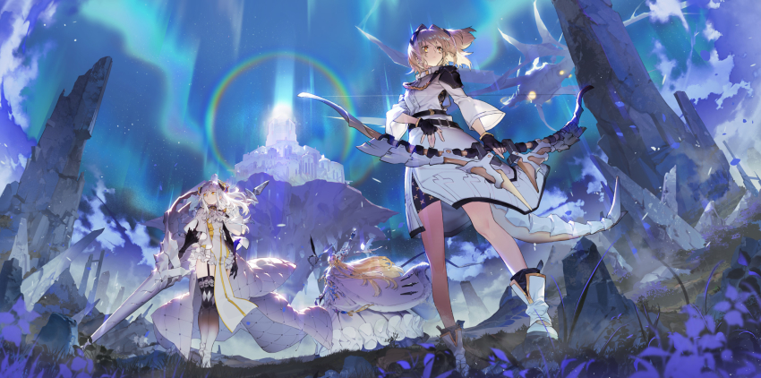 3girls alchemy_stars ascot aurora bare_legs belt bethlehem_(alchemy_stars) black_gloves black_legwear blue_sky bow_(weapon) cape carleen_(alchemy_stars) castle cloud dragon dragon_tail dress fingerless_gloves garter_belt garter_straps gloves grass hair_ornament highres holding holding_bow_(weapon) holding_lance holding_polearm holding_weapon lance long_dress long_hair multicolored_legwear multiple_girls official_art pelvic_curtain polearm ryota-h short_hair sky soroz_(alchemy_stars) tail thighhighs thighs very_long_hair vice_(alchemy_stars) weapon white_cape white_dress white_footwear white_hair white_legwear wyvern yellow_eyes