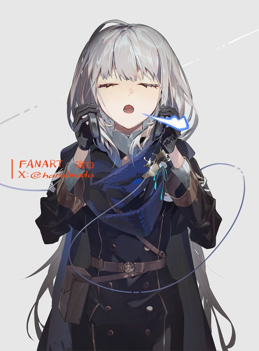 1girl artist_name belt belt_pouch bkornblume black_dress blue_scarf brown_belt buttons closed_eyes double-breasted dress facing_viewer grey_hair hands_up harolmado headphones headphones_removed highres holding holding_headphones long_hair long_sleeves open_mouth pouch puff_of_air reverse:1999 sam_browne_belt scarf solo twitter_username upper_body very_long_hair white_background