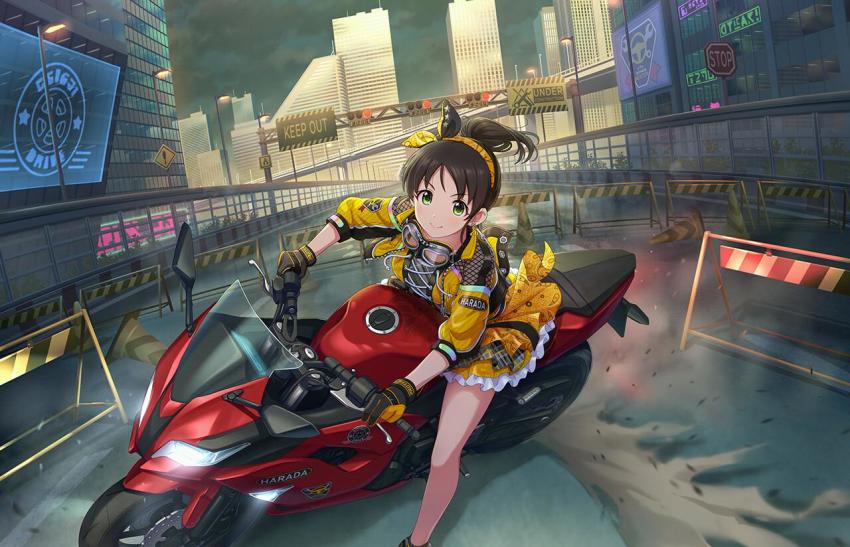 akira_slide black_hair bow building caution_tape city dust_cloud earrings gloves goggles goggles_around_neck green_eyes hair_bow harada_miyo headband idolmaster idolmaster_cinderella_girls idolmaster_cinderella_girls_starlight_stage jacket jewelry keep_out motor_vehicle motorcycle neon_lights official_art plaid_clothes plaid_skirt ponytail road road_sign roadblock sign skirt skyscraper smile stop_sign traffic_cone traffic_light under_construction yellow_jacket yellow_skirt