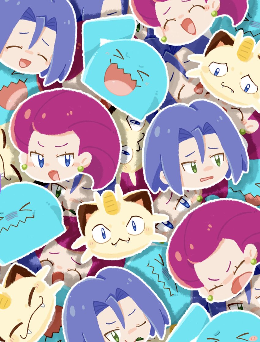 1boy 1girl angry blue_eyes chibi chibi_only closed_eyes creatures_(company) game_freak gen_1_pokemon gen_2_pokemon green_eyes highres james_(pokemon) jessie_(pokemon) meowth nintendo one_eye_closed open_mouth pokemon pokemon_(anime) pokemon_(classic_anime) pokemon_journeys team_rocket umapoii wobbuffet worried