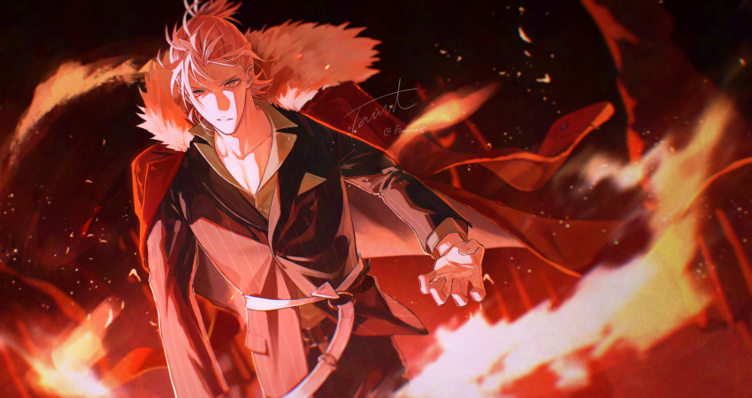 1boy belt black_suit coat coat_on_shoulders collared_shirt fate/grand_order fate_(series) fire fomnant formal_clothes formal_clothes fur-trimmed_coat fur_trim grey_eyes grey_hair half_updo highres jacket lapels low_side_ponytail male_focus notched_lapels o-ring o-ring_belt pants shirt solo striped_clothes striped_jacket striped_pants striped_suit suit takeda_shingen_(fate) vertical-striped_suit white_hair