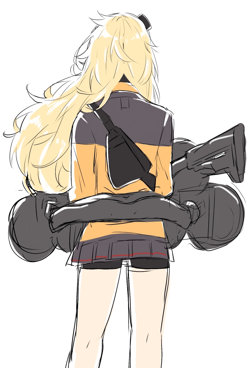 1girl aogisa bad_id bad_pixiv_id bag bike_shorts bike_shorts_under_skirt blonde_hair fabarm_sat-8 facing_away from_behind girls&#039;_frontline hair_over_shoulder highres long_hair messy_hair miniskirt orange_shirt pleated_skirt s.a.t.8_(girls&#039;_frontline) shield_module shirt shoulder_bag shoulder_pouch shoulder_strap skirt solo strap two-tone_shirt very_long_hair