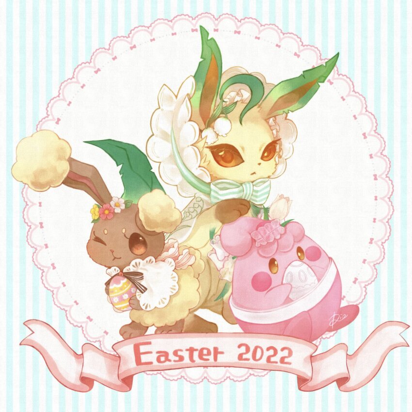 2022 bonnet bow brown_eyes buneary easter easter_egg egg eyelashes game_freak gen_4_pokemon green_bow happiny head_wreath highres leafeon nintendo no_humans pokemon pokemon_(creature) rabbit rigu_(what_will_be_will_be!) signature striped_background striped_bow