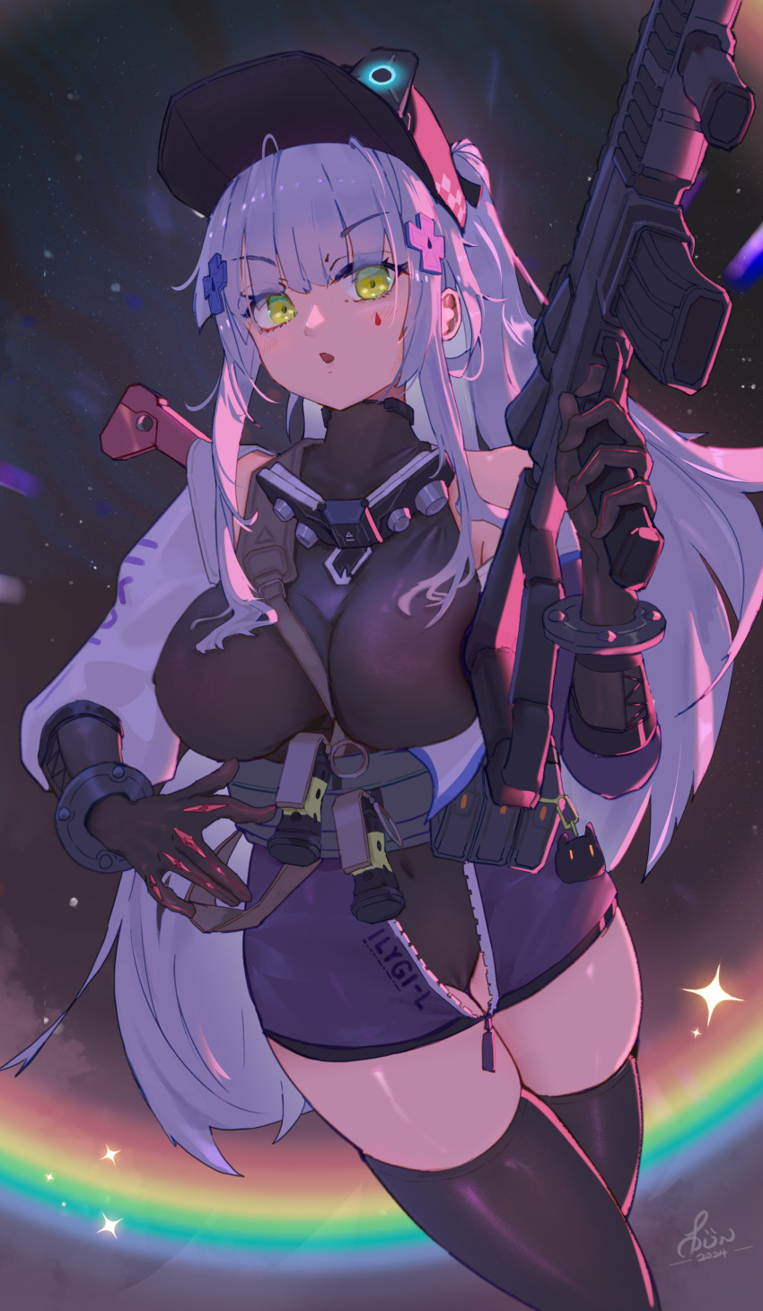 1girl absurdres applelin assault_rifle baseball_cap black_gloves black_leotard black_thighhighs breasts chinese_commentary commentary_request covered_navel cowboy_shot cross_hair_ornament flashbang girls&#039;_frontline girls&#039;_frontline_2:_exilium gloves green_eyes grey_hair gun h&amp;k_hk416 hair_ornament hat highres hk416_(girls&#039;_frontline) holding holding_gun holding_weapon klukai_(girls&#039;_frontline_2) large_breasts leotard long_hair looking_at_viewer rainbow rifle solo teardrop_facial_mark thighhighs weapon