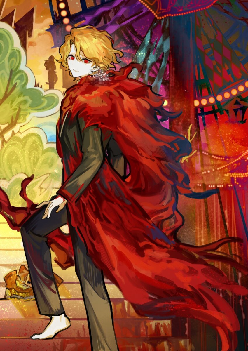 1girl barefoot black_coat black_jacket blood blood_on_clothes boots brown_boots cape cardboard_cutout coat don_quixote_(project_moon) ferris_wheel full_body golden_bough_(limbus_company) highres jacket limbus_company nishikujic parted_bangs project_moon red_cape red_eyes sancho_(project_moon) solo stairs