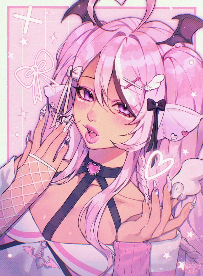 1girl \||/ ahoge black_choker black_ribbon border bow_(weapon) braid brown_streaks choker chromatic_aberration collarbone commentary commission cross_hair_ornament demon_wings double-parted_bangs drawing_bow dutch_angle ear_chain ear_piercing earrings eyelashes eyes_visible_through_hair eyeshadow fingerless_gloves fingernails fins fishnet_gloves fishnets four-pointed_star gem-studded_nails gloves grid_background gyaru_makeup hair_between_eyes hair_ornament halftone hands_up head_fins head_wings heart heart_ahoge heart_choker heart_earrings highres holding holding_bow_(weapon) holding_weapon indie_virtual_youtuber jewelry light_blush light_particles linked_piercing long_fingernails long_hair looking_at_viewer makeup mirukugatsu multicolored_nails nail_ornament noisykoala off-shoulder_shirt off_shoulder open_mouth outline piercing pink_background pink_eyeshadow pink_hair pink_lips pink_nails pink_sleeves pink_theme portrait purple_eyes purple_outline ribbon ribbon_hair shirt side_braid single_glove single_hair_streak single_sleeve star_(symbol) symbol-only_commentary tan teeth tongue two-tone_nails two_side_up upper_teeth_only weapon white_border white_gloves white_nails white_ribbon white_shirt white_streaks wing_hair_ornament wings