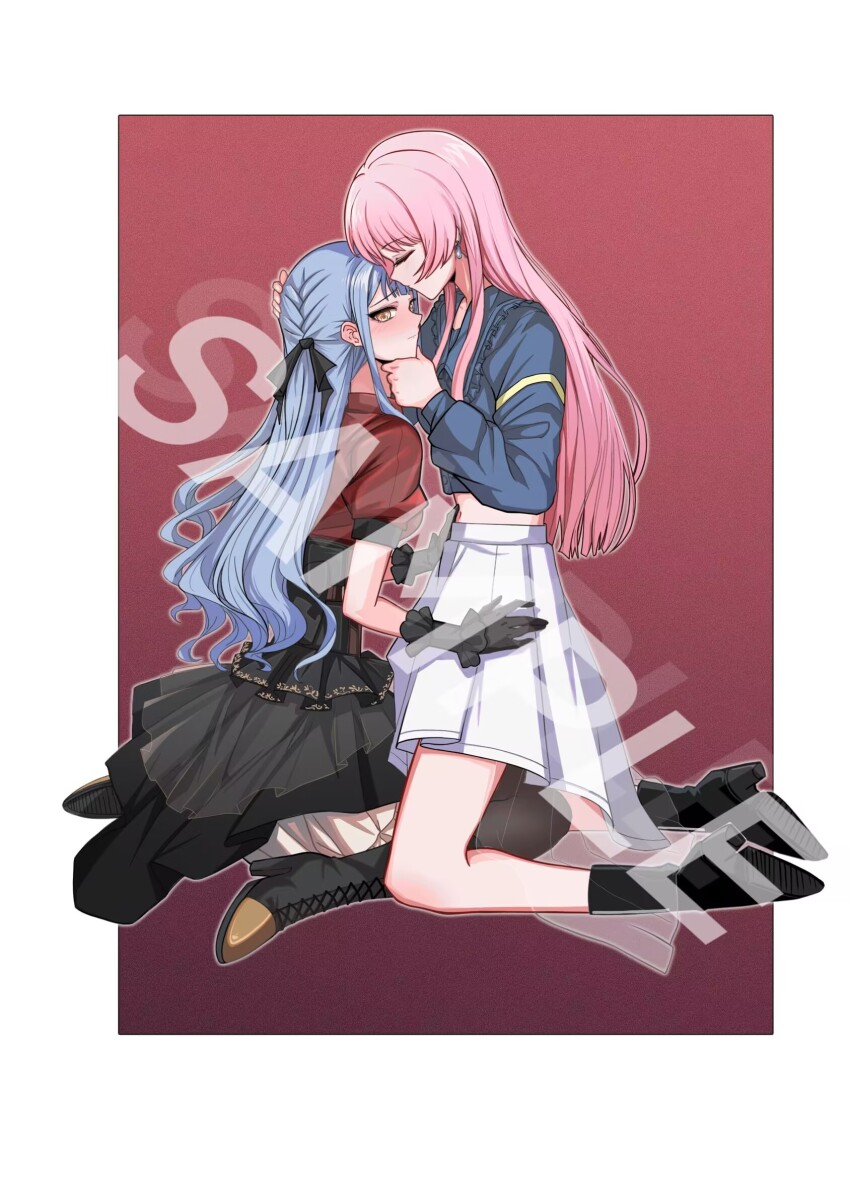 2girls bang_dream! bang_dream!_it&#039;s_mygo!!!!! black_gloves black_pantyhose black_ribbon black_shoes black_skirt blue_hair blue_shirt blush boots border chihaya_anon chinese_commentary closed_eyes closed_mouth commentary_request earrings gloves hair_ribbon hand_on_another&#039;s_chin high_heel_boots high_heels highres jewelry kneehighs long_hair long_sleeves multiple_girls oblivionis_(bang_dream!) pantyhose pink_hair pleated_skirt red_background red_shirt ribbon sample_watermark shirt shoes skirt socks togawa_sakiko turtleheart5 two_side_up watermark white_border white_skirt yellow_eyes yuri
