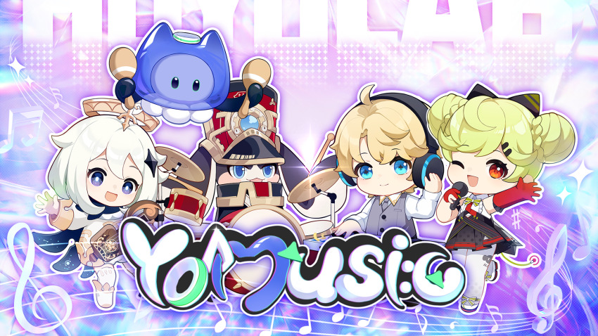 1boy 2girls 3others :d ;d ahoge ai-chan_(honkai_impact) animal_ears arm_up asymmetrical_gloves black_bow black_dress black_eyes black_necktie black_scarf blonde_hair blue_eyes bow bowtie chibi closed_mouth collared_shirt davis_(tears_of_themis) dj double_bun dress drum drum_set formal_clothes full_body genshin_impact gloves green_bow green_bowtie green_hair grey_vest guitar hair_bow hair_bun halo headphones highres holding holding_guitar holding_instrument holding_microphone honkai:_star_rail honkai_(series) honkai_impact_3rd instrument long_hair long_sleeves looking_at_viewer maracas microphone mihoyo mimo_(mihoyo) mismatched_gloves multiple_girls multiple_others musical_note necktie official_art one_eye_closed open_mouth orange_eyes paimon_(genshin_impact) pantyhose partially_fingerless_gloves pom-pom_(honkai:_star_rail) rabbit_ears red_gloves scarf shirt short_hair smile tears_of_themis vest white_dress white_hair white_pantyhose white_shirt