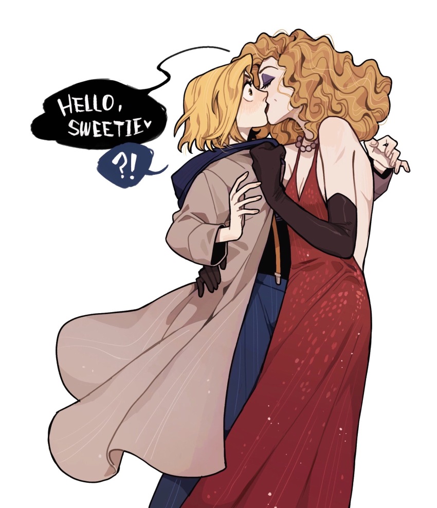 !? 2girls bare_shoulders black_gloves black_lips black_shirt blonde_hair blue_pants breasts brown_coat brown_eyes chinese_commentary cleavage closed_eyes clothes_grab coat collar_grab commentary_request couple curly_hair doctor_who dress elbow_gloves english_text eyelashes eyeshadow feet_out_of_frame from_side gloves highres hood hood_down hooded_coat jewelry juanmao kiss long_dress long_sleeves makeup multiple_girls necklace neckwear_grab open_clothes open_coat pants pearl_necklace purple_eyeshadow red_dress river_song shirt short_hair simple_background sleeveless sleeveless_dress speech_bubble spoken_interrobang standing surprised suspenders the_doctor_(doctor_who) thirteenth_doctor_(doctor_who) white_background wife_and_wife yuri