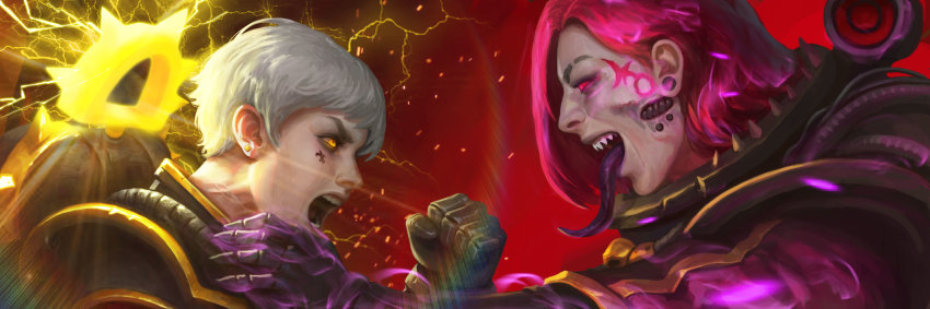2girls absurdres adepta_sororitas armor asymmetrical_hair chaos_(warhammer) colored_tongue earrings electricity face-to-face fleur-de-lis glowing glowing_eyes grey_hair highres imperium_of_man jewelry long_tongue multiple_girls mutation open_mouth power_armor purple_eyes purple_hair purple_tongue red_background sharp_teeth short_hair slaanesh slaanesh_(cult) slaanesh_(mark) slaanesh_(symbol) teeth tongue tongue_out warhammer_40k white_hair yangzheyy yellow_eyes