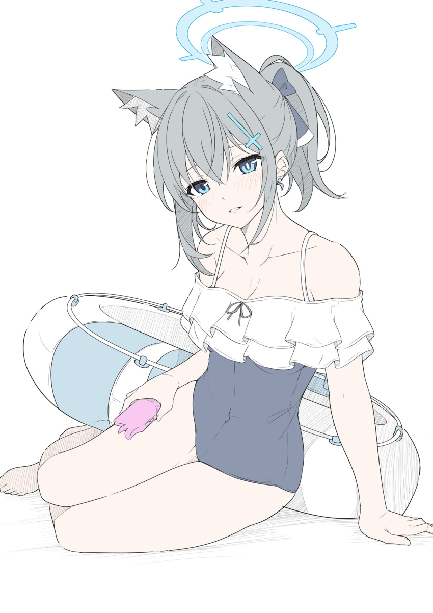 1girl alternate_costume animal_ear_fluff animal_ears black_one-piece_swimsuit blue_archive blue_eyes breasts casual_one-piece_swimsuit cosplay cross_hair_ornament earrings extra_ears grey_hair hair_ornament halo highres innertube jewelry looking_at_viewer medium_breasts miyako_(blue_archive) miyako_(blue_archive)_(cosplay) miyako_(swimsuit)_(blue_archive) one-piece_swimsuit ponytail shiroko_(blue_archive) sidelocks sitting solo swim_ring swimsuit t1kosewad wolf_ears