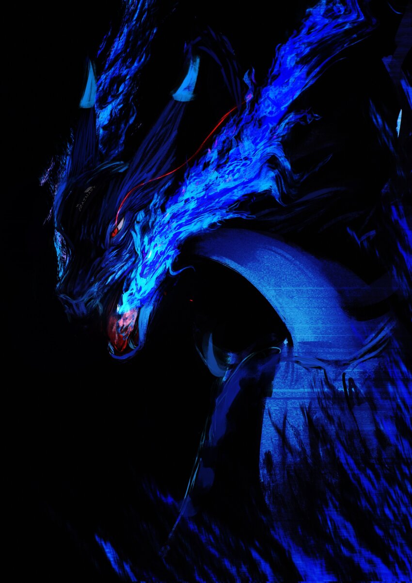 absurdres black_background blue_fire breath_weapon breathing_fire charizard crain1art creatures_(company) dragon eye_trail fangs fire game_freak gen_1_pokemon highres light_trail mega_charizard_x mega_pokemon nintendo no_humans open_mouth pokemon pokemon_(creature) red_eyes simple_background solo upper_body