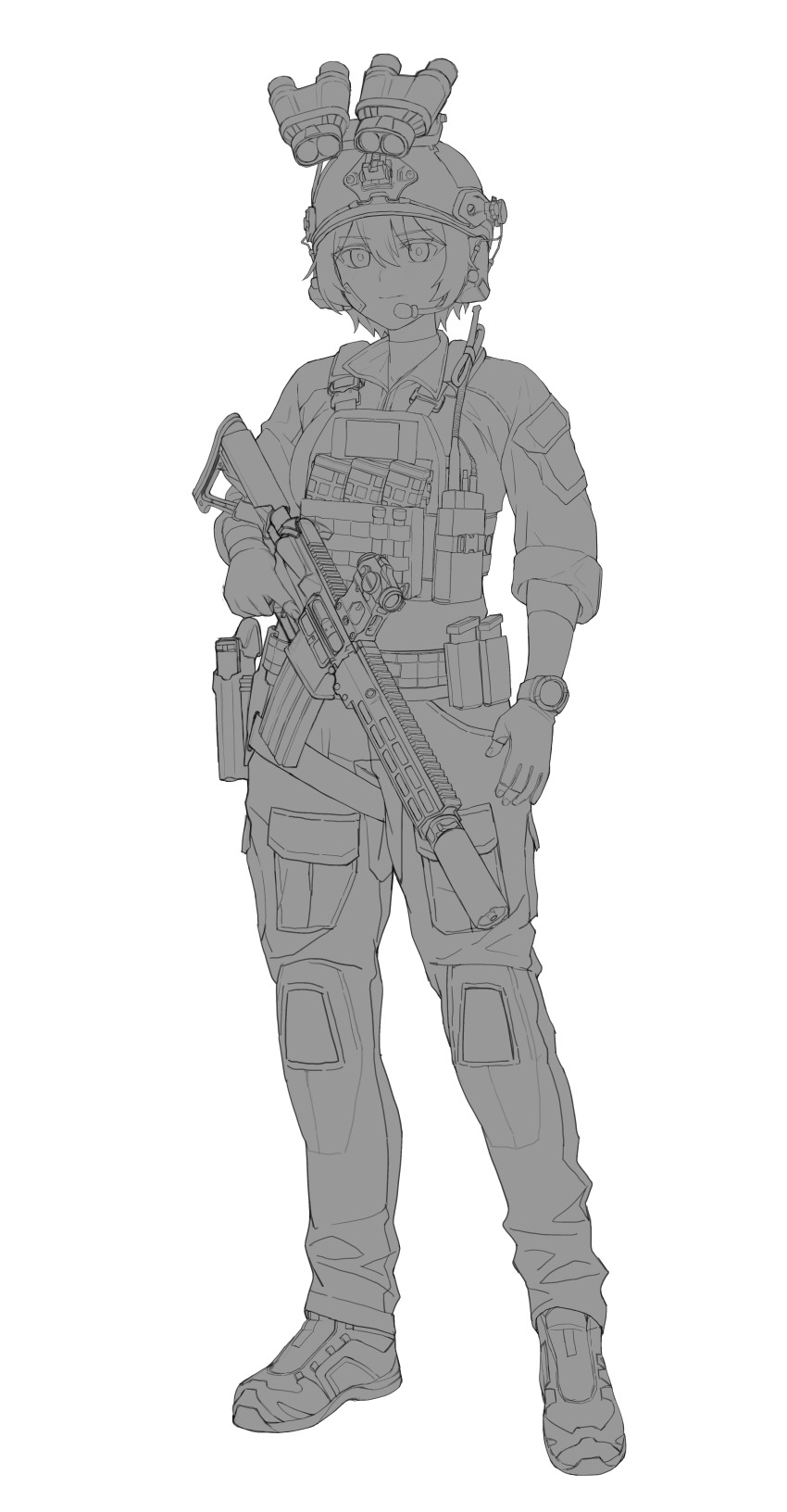 1girl absurdres ammunition_pouch ar-15 assault_rifle bandaid bandaid_on_face belt_pouch blush boots bt_(user_udwc7853) bulletproof_vest cargo_pants closed_mouth combat_helmet commentary ear_protection english_commentary fingerless_gloves fingernails glock gloves glowstick gun hair_between_eyes handgun helmet highres holster lapels load_bearing_vest looking_at_viewer magazine_(weapon) monochrome night_vision_device optical_sight original pants pouch rifle shirt short_hair simple_background sleeves_rolled_up smile solo standing suppressor tactical_clothes trigger_discipline turtleneck unfinished walkie-talkie watch weapon white_background wristwatch