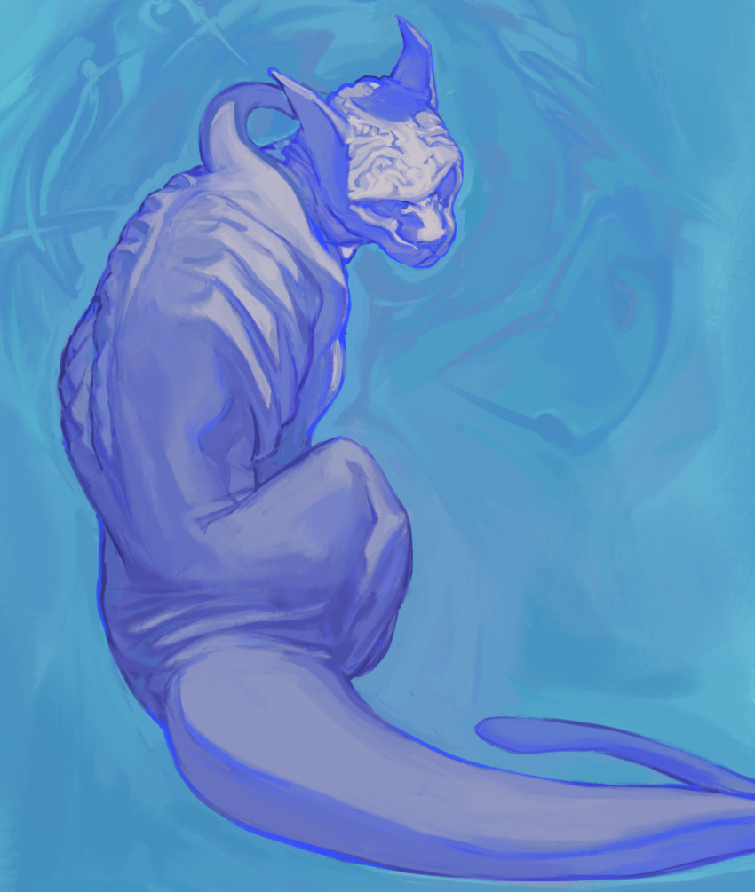 blue_background full_body gen_1_pokemon highres kindykotik legendary_pokemon mewtwo nintendo no_humans pokemon pokemon_(creature) purple_eyes sitting