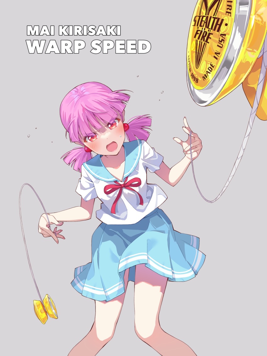 1girl character_name chousoku_spinner dual_wielding frown hair_bobbles hair_ornament highres holding kirisaki_mai looking_at_viewer open_mouth pink_eyes pink_hair pleated_skirt school_uniform serafuku short_hair short_twintails simple_background skirt solo sweatdrop twintails yazawa_happyaro yo-yo
