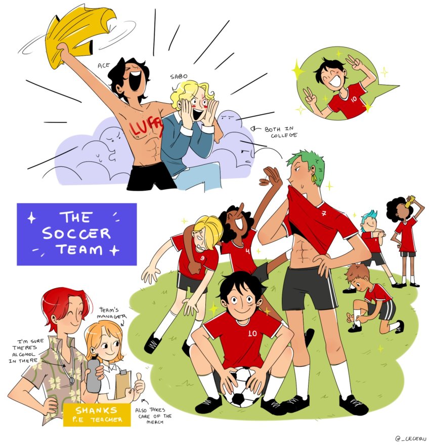 1girl 6+boys ^_^ abs afro alternate_universe arm_around_neck arrow_(symbol) ball black_hair blonde_hair blue_hair body_writing brook_(one_piece) brown_hair cesel cheering closed_eyes clothes_lift contemporary dark-skinned_male dark_skin double_v english_text closed_eyes franky_(one_piece) green_hair highres humanization kneeling leaning_forward lifting_own_clothes long_sleeves medium_hair monkey_d._luffy motion_lines multiple_boys nami_(one_piece) one_piece open_mouth orange_hair portgas_d._ace red_hair roronoa_zoro sabo_(one_piece) sanji_(one_piece) shanks_(one_piece) shirt shirt_lift shoes short_hair short_sleeves shorts smile soccer_ball soccer_uniform socks sparkle sportswear standing stomach toned toned_male tony_tony_chopper topless_male twitter_username v very_dark_skin