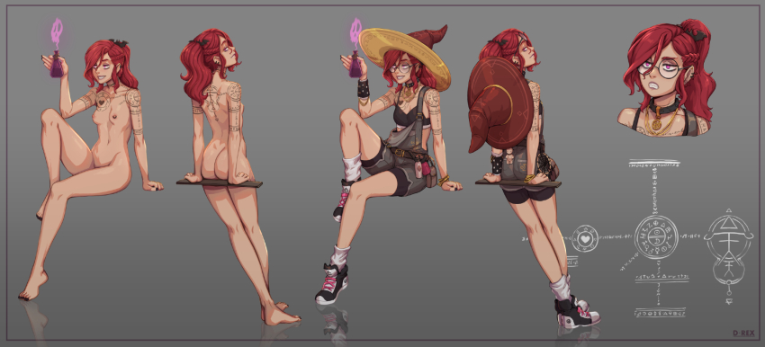 1girl arm_tattoo artist_name ass belt braid breasts brown_belt brown_shorts completely_nude d-rex glasses grin hat highres holding_potion looking_at_viewer looking_back medium_breasts multiple_views nipples nude original ponytail red_hair red_hat round_eyewear shiny_skin shoes shorts shoulder_tattoo small_breasts smile sneakers socks tattoo teeth witch_hat